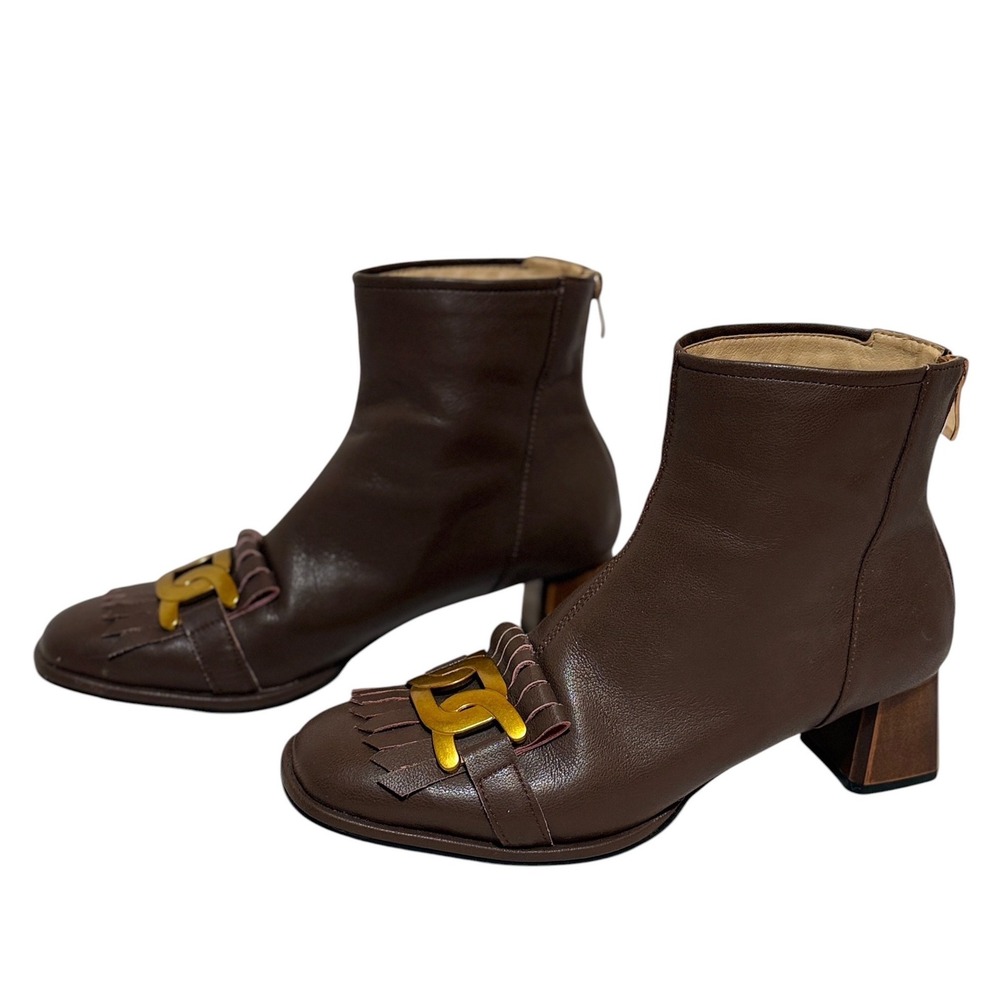 Vero Cuoio Brown Leather Kiltie Fringe Gold Chain Block Heel Ankle Boot Size 8.5 - Picture 2 of 6